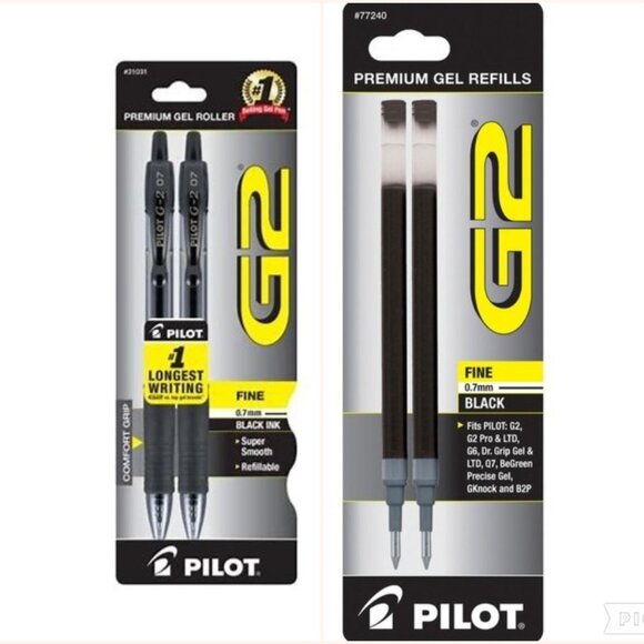 Pilot G2 Retractable Gel Ball Pen 0.7mm 2/Pk Black w/Refills Office School Home - Picture 1 of 1